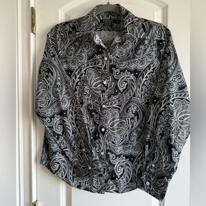 LAUREN Ralph Lauren Black & White Paisley Button-Up Non-iron Shirt, sz. PM, EUC!